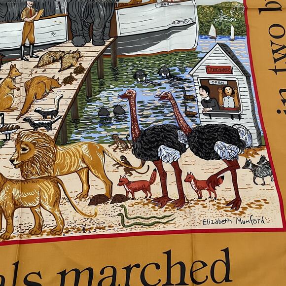Elizabeth Mumford Mystic Seaport Museum 100% Silk Scarf Noah’s Arc Animals Folk - Picture 8 of 10
